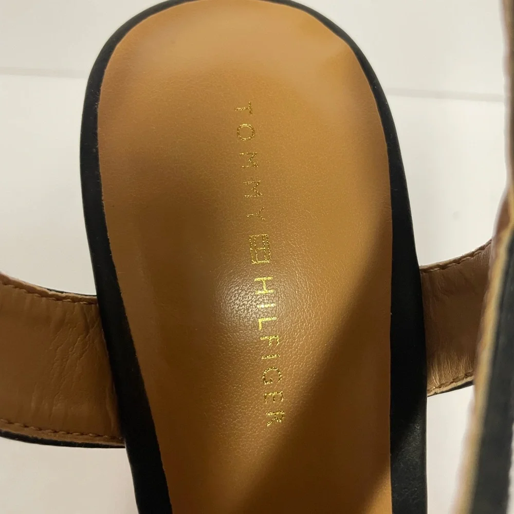 Tommy Hilfiger kezno vegan Black Wedge Sandals heels crisscross cork 6.5
